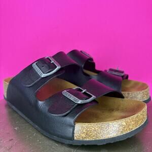 Plakton Black Leather Two Buckle Strap Slip-On Sandal EU 39